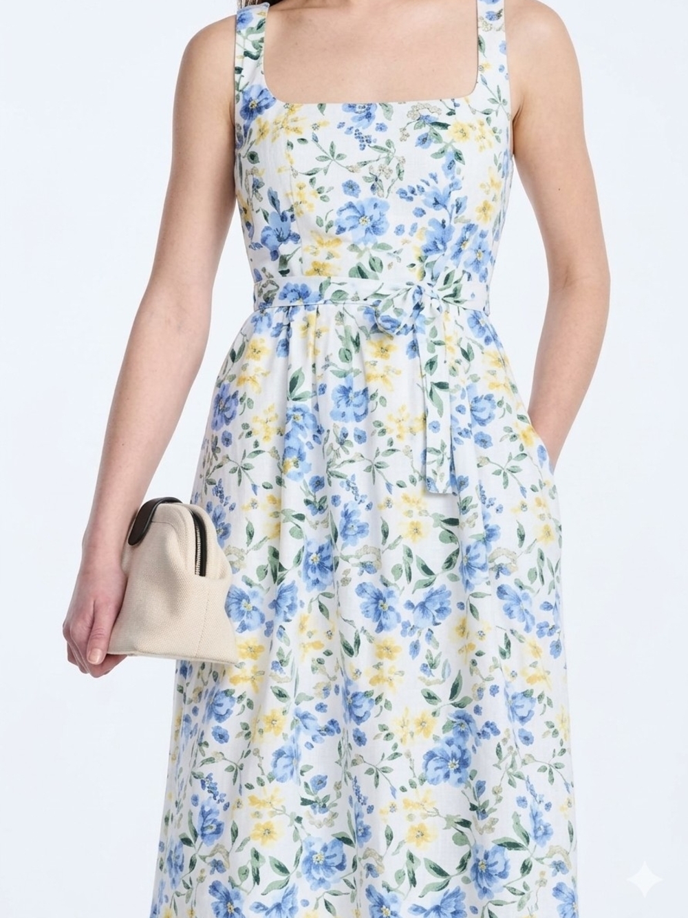 Square-Neck Floral Midi Dress With Pockets